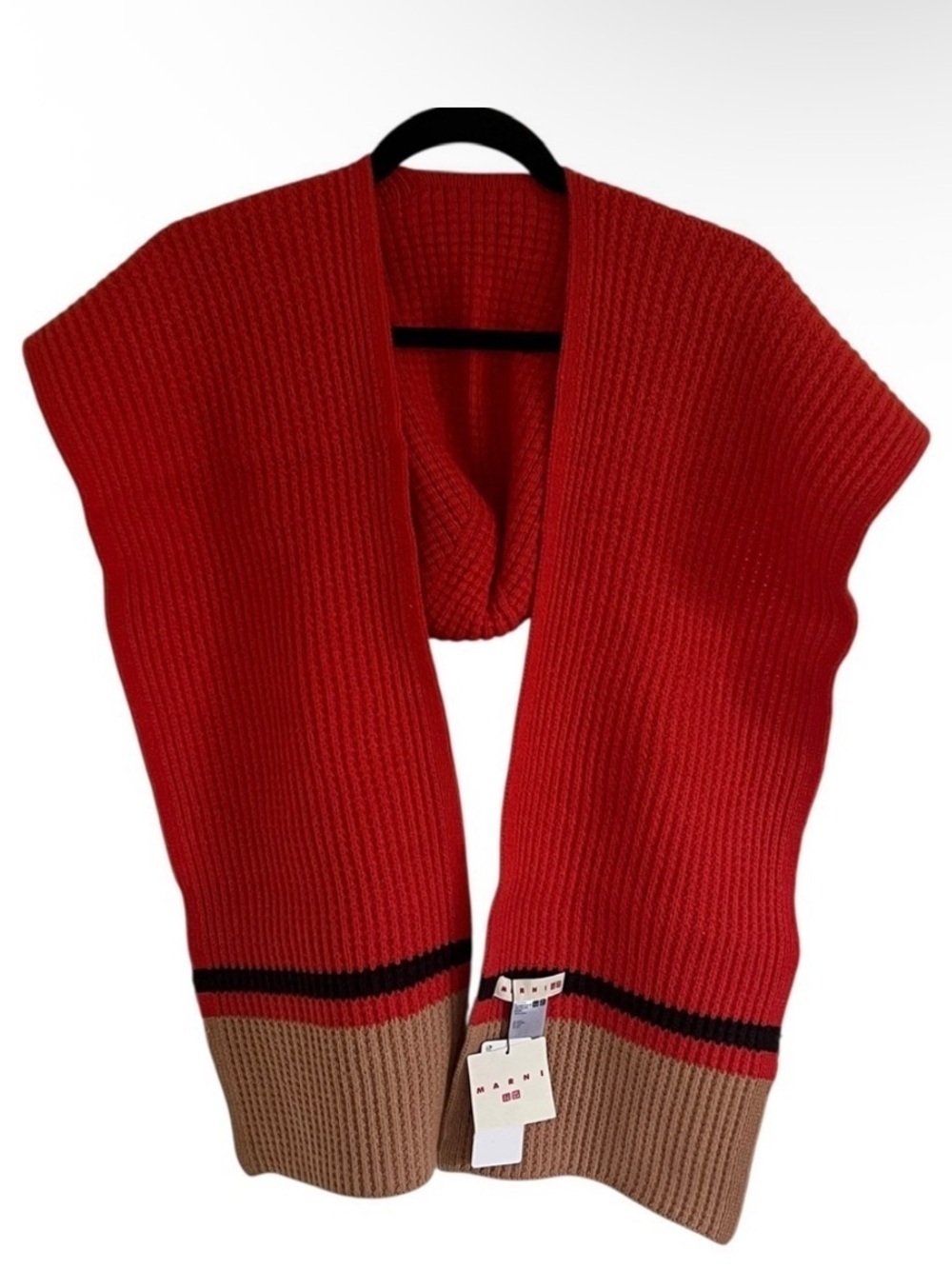 Uniqlo x Marni Red Tan Colorblock Popcorn Knitted Hooded Scarf NWT